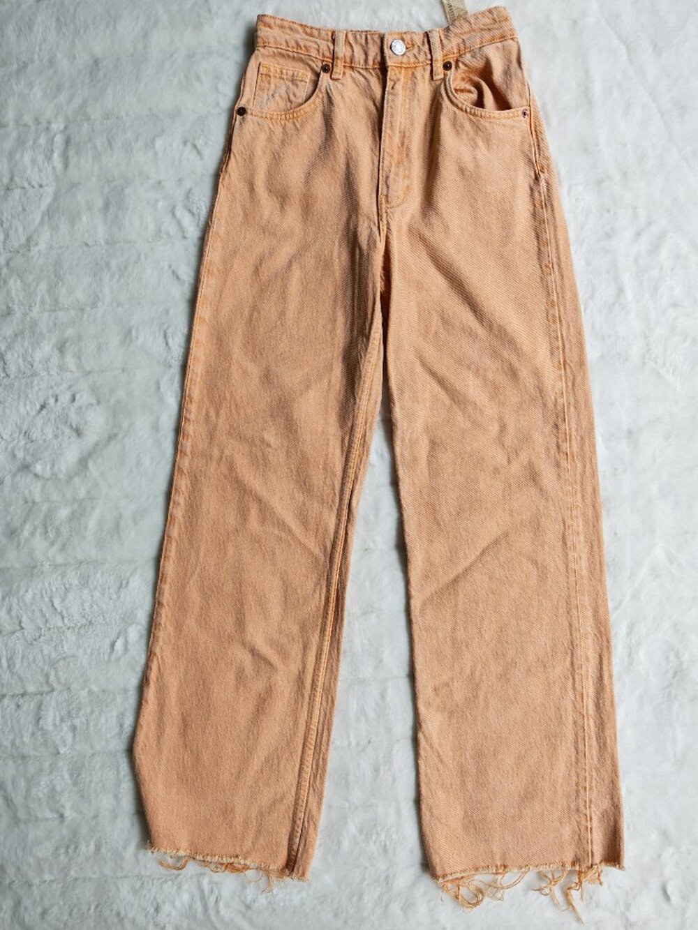 Zara Peach Wide Leg Jeans Size 2 High Rise Raw Hem Cropped Denim Pants Trendy - Picture 5 of 15